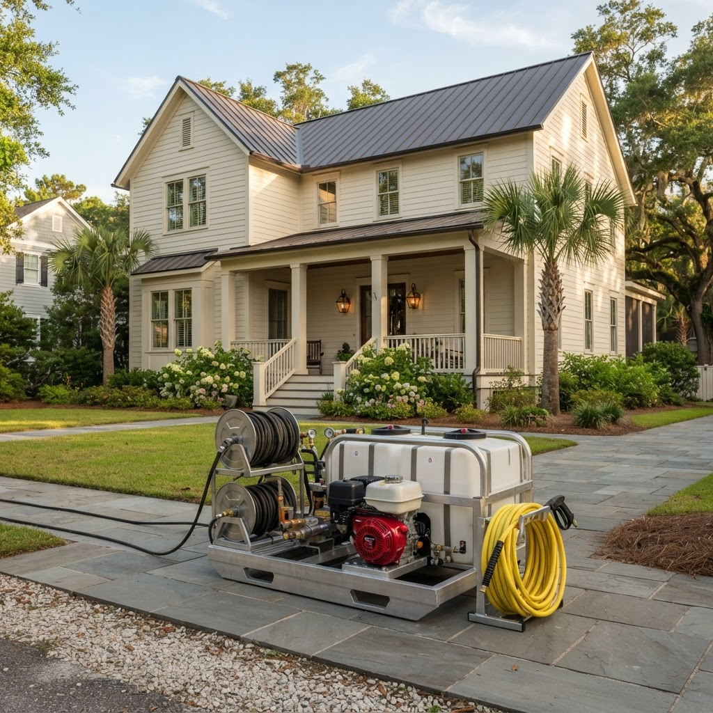 Professional exterior cleaning equipment beside a clean Lowcountry home