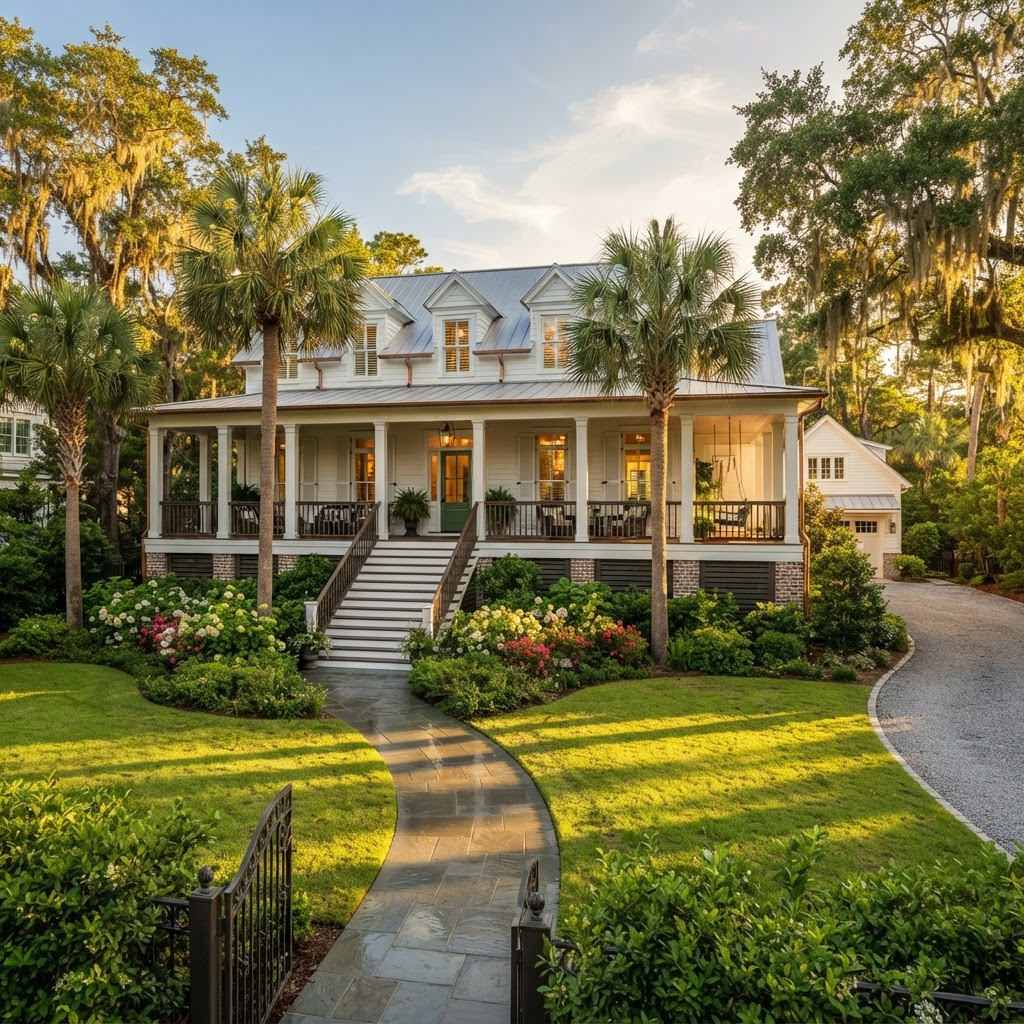 Freshly cleaned Charleston Lowcountry home exterior at golden hour