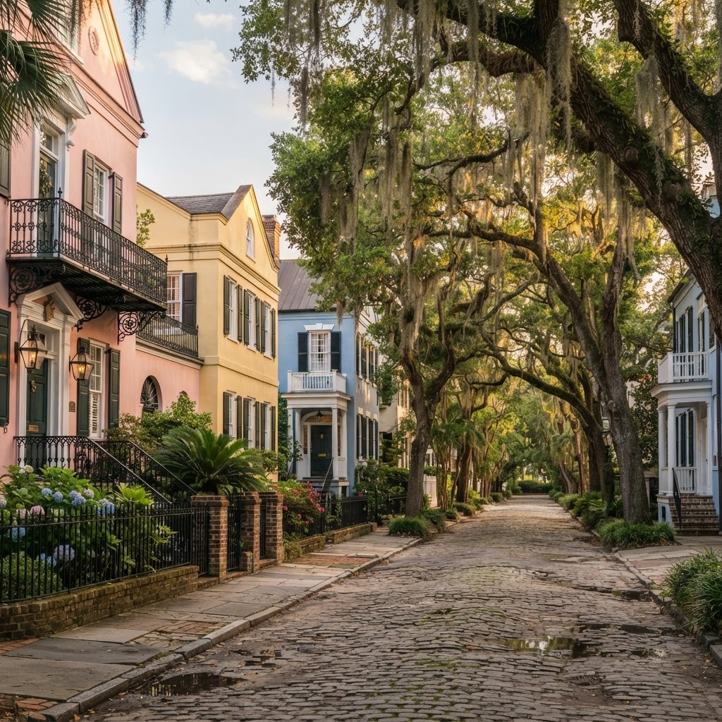 Historic Charleston street with well-kept homes and mature trees