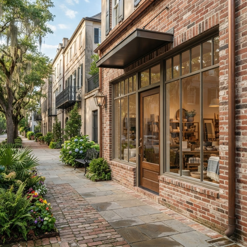 Clean commercial storefront and walkway in a Charleston business district