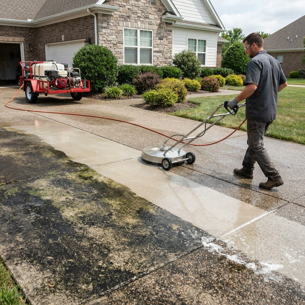 Concrete driveway cleaned to an even, brightened finish