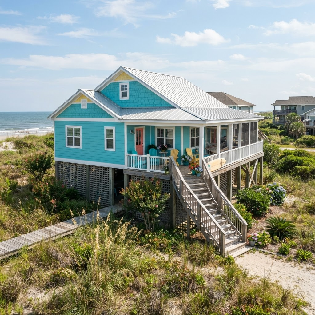 Relaxed Folly Beach house with a clean exterior and coastal surroundings