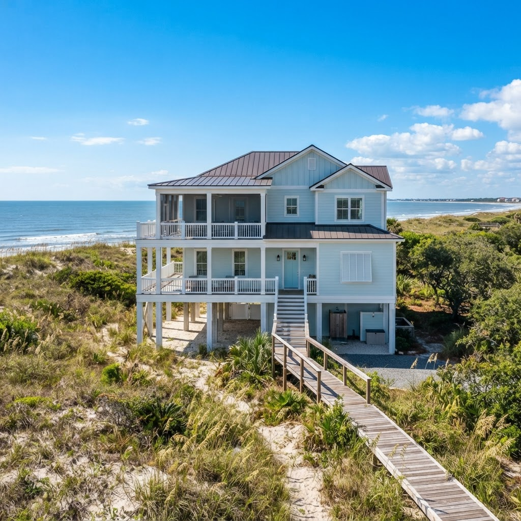 Raised beach house near the dunes with a clean exterior