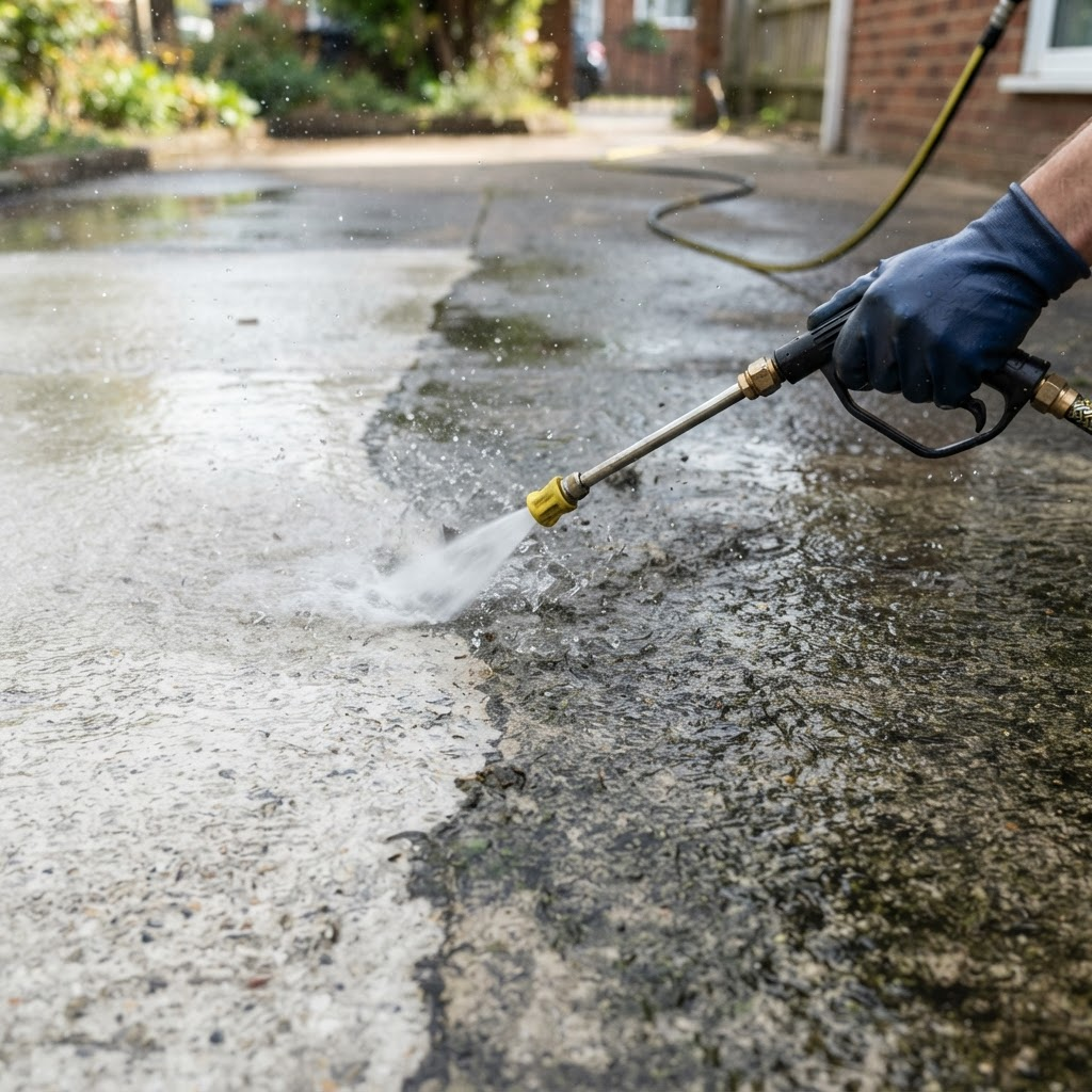 Pressure washing a concrete surface with a clear line between clean and dirty areas