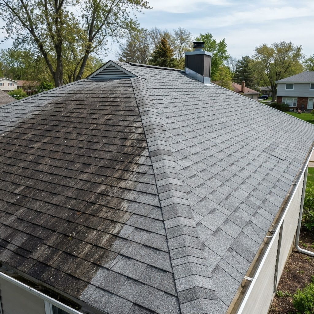 Roof with algae streaks on one side and clean shingles on the other